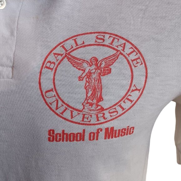 Vintage Mens Polo Shirt Medium Single stitch 80s WHITE BALL STATE UNIVERSITY - Picture 2 of 6